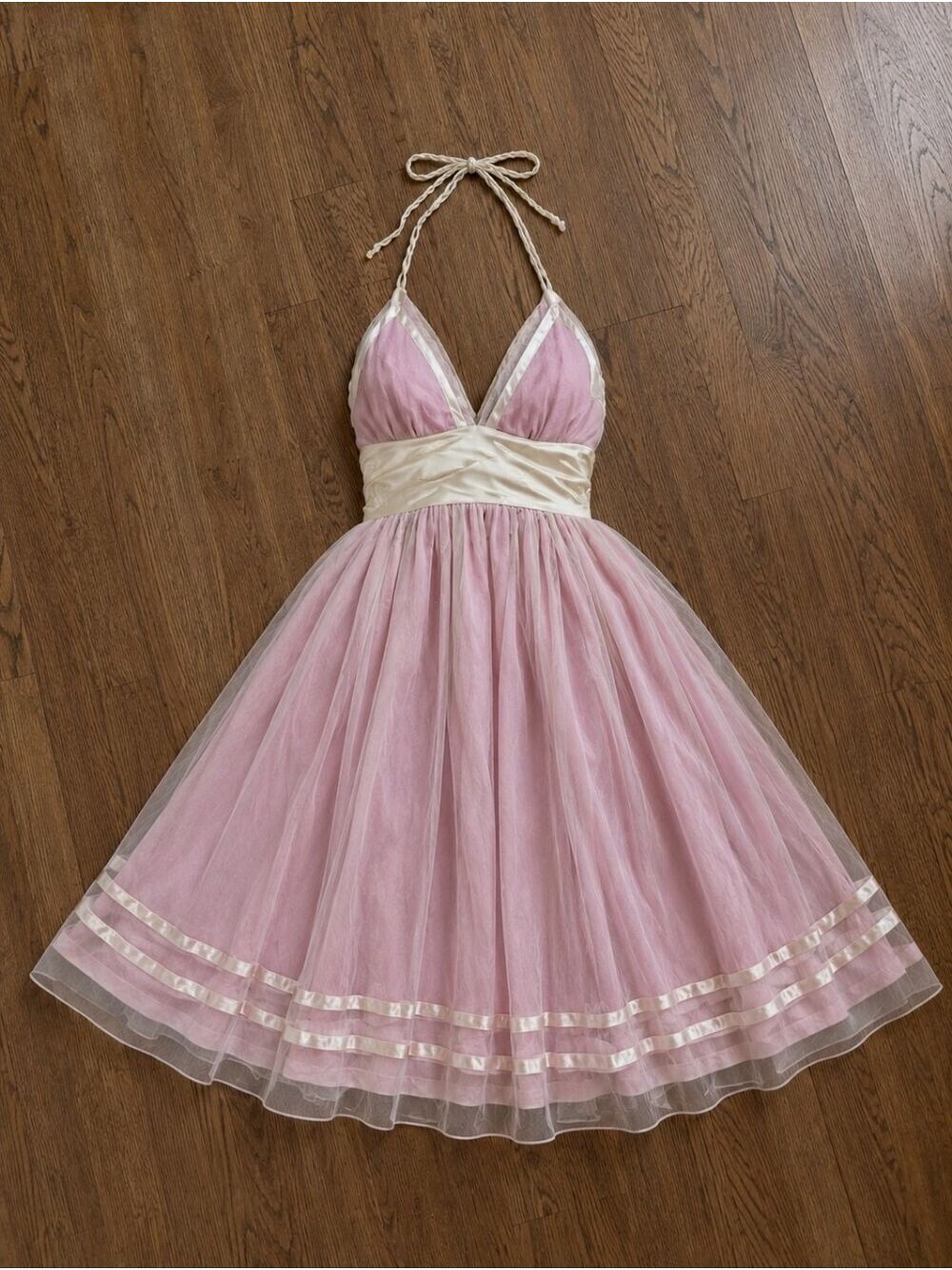 Deep Los Angeles Pink & Ivory Halter Tulle Dress | Open Back | Feminine Fairycor - Picture 4 of 4